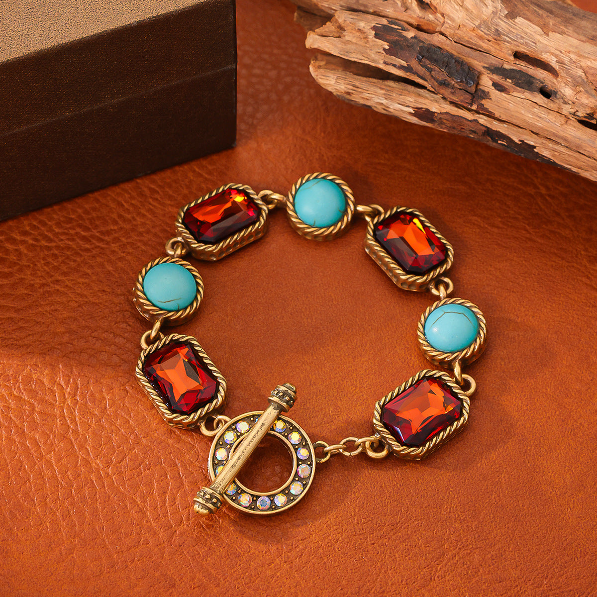 Vintage Turquoise Tea Color Necklace Round and Square Shaped Inlaid with Diamonds Layered Necklace, Palace Style Retro Jewelry Set Vintage Turquoise Bracelet Jewelry