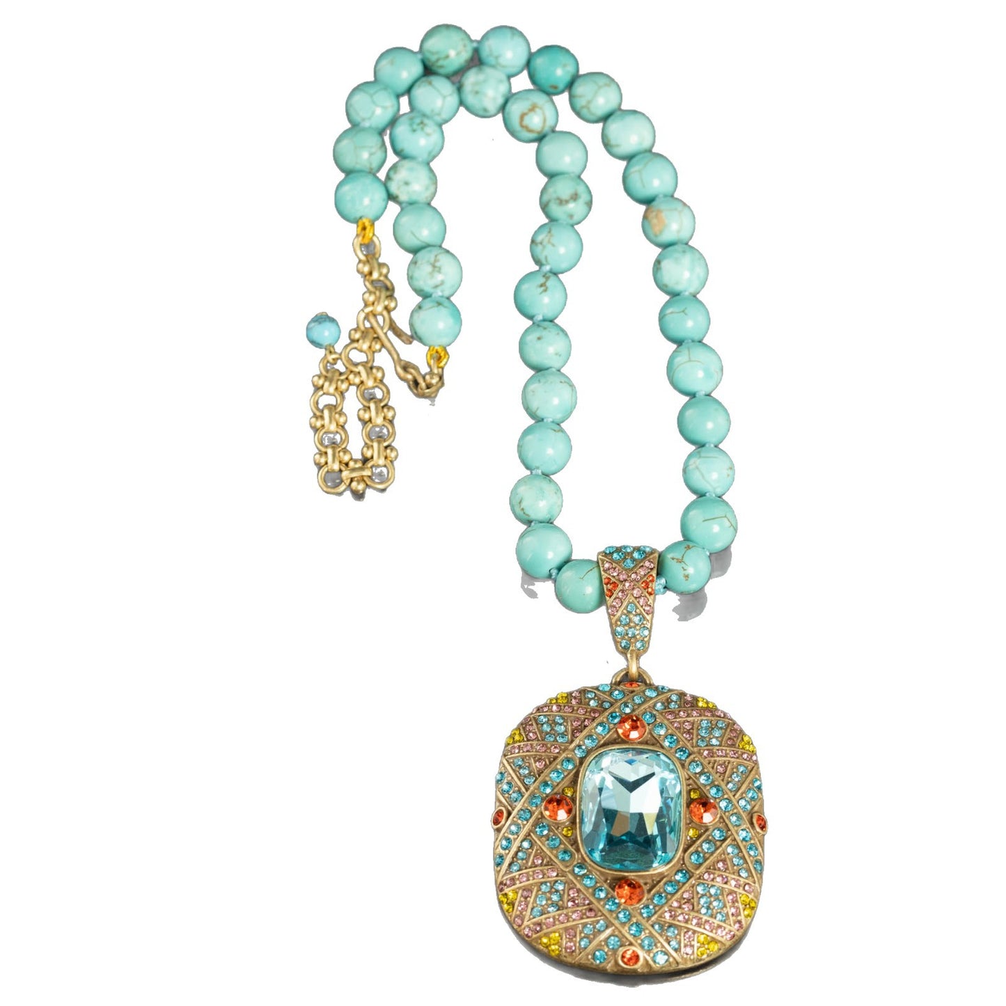 Vintage Fashion Temperament Retro Gold Distressed Turquoise Inlaid Zircon Necklace