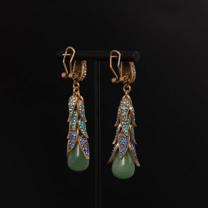 Green Natural Stone Vintage Earrings - Gilded Leaf Elegance | iBrilliance