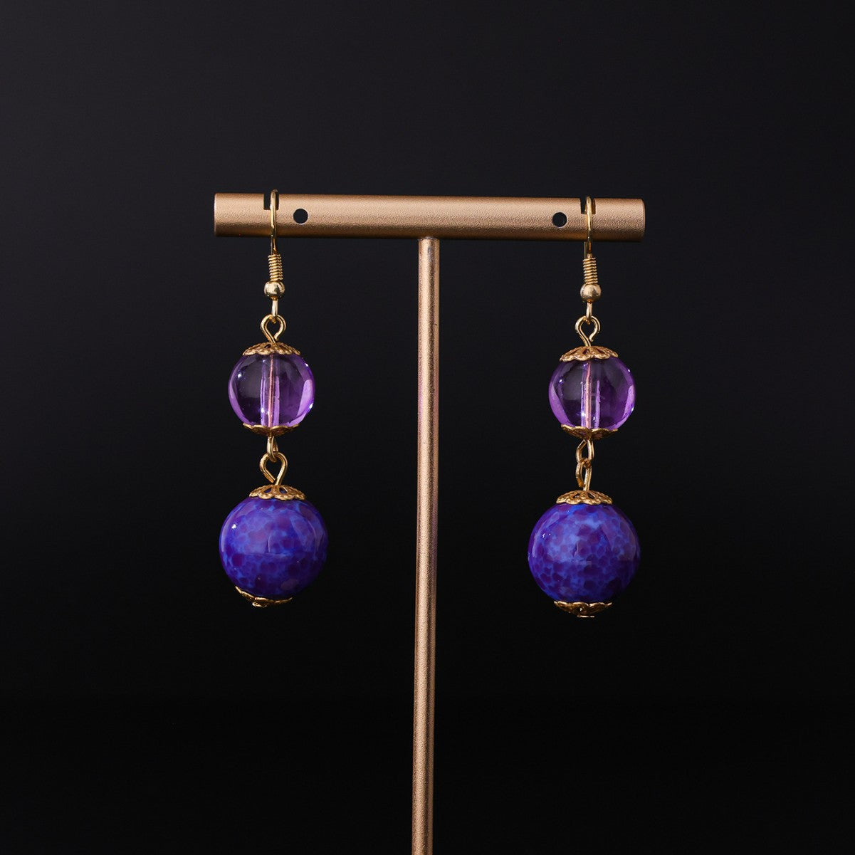 Vintage Handmade Glass Stud Earrings - Radiant Floral Allure | iBrilliance Purple Double Beads Jewelry