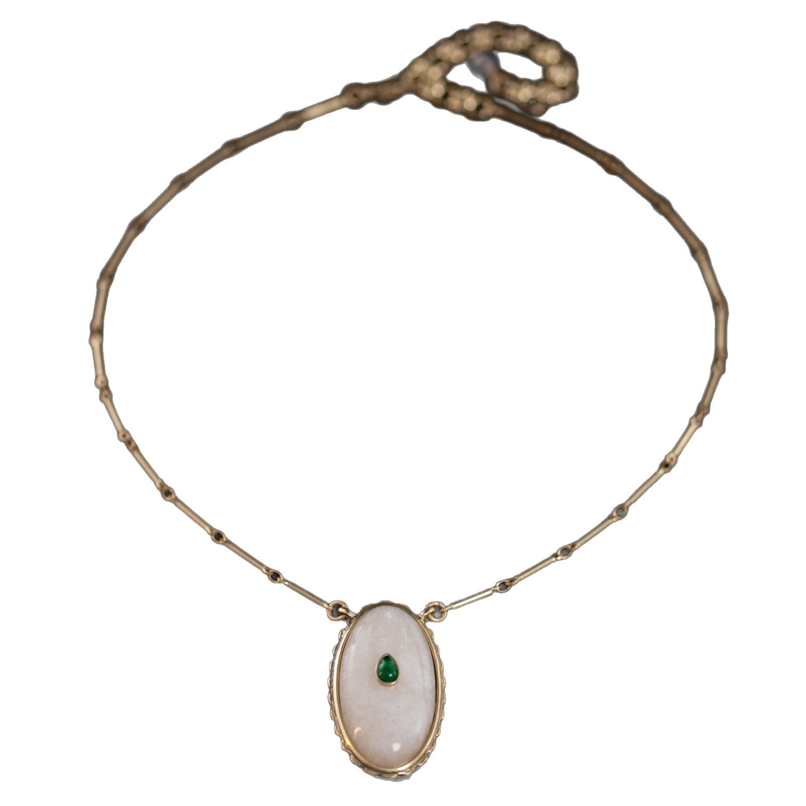 Vintage Fashion Elegant Antique Retro Distressed Gold Oval Natural Stone Inlaid Diamond Necklace