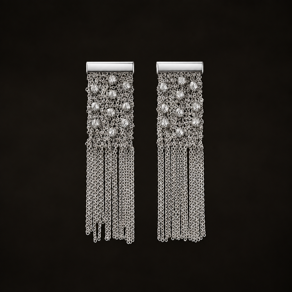 Sterling Silver Woven Bead Tassel Earrings | Drop Earrings ER05 Silver Tone Earring