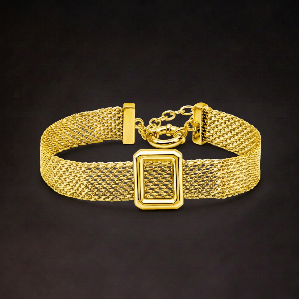 Sterling Silver Square-Detail Mesh Bracelet | Woven Bracelet BR11 Gold Tone Bracelet
