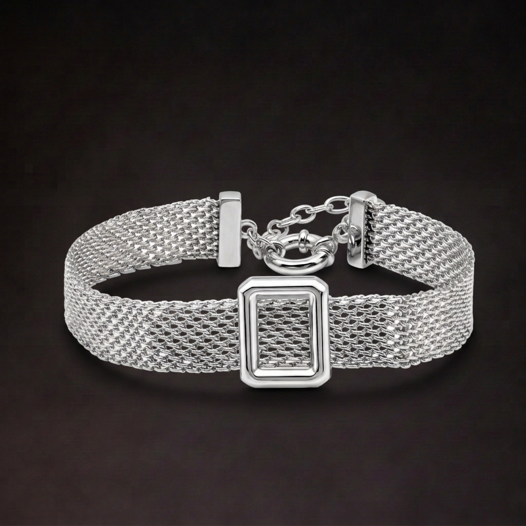 Sterling Silver Square-Detail Mesh Bracelet | Woven Bracelet BR11 Silver Tone Bracelet