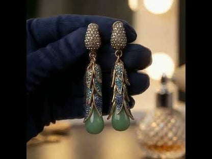 Green Natural Stone Vintage Earrings - Gilded Leaf Elegance | iBrilliance