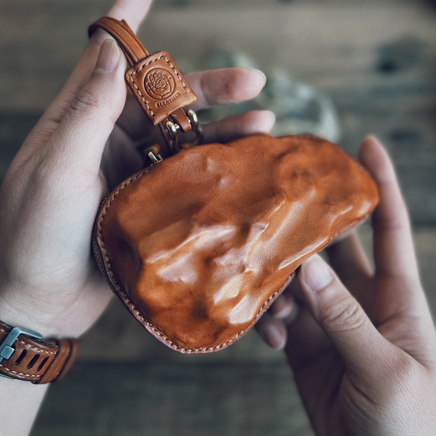 S.Leather Stone-Form Leather Pouch | Handmade Vegetable-Tanned Wristlet Bag P01 Brown Bag