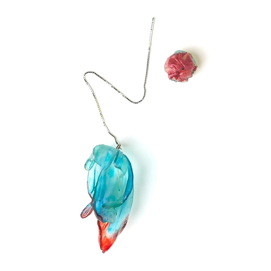 Emo sculptural leather drop earrings product specification — FUGE brand, teal and crimson abstract form, silver threader chain