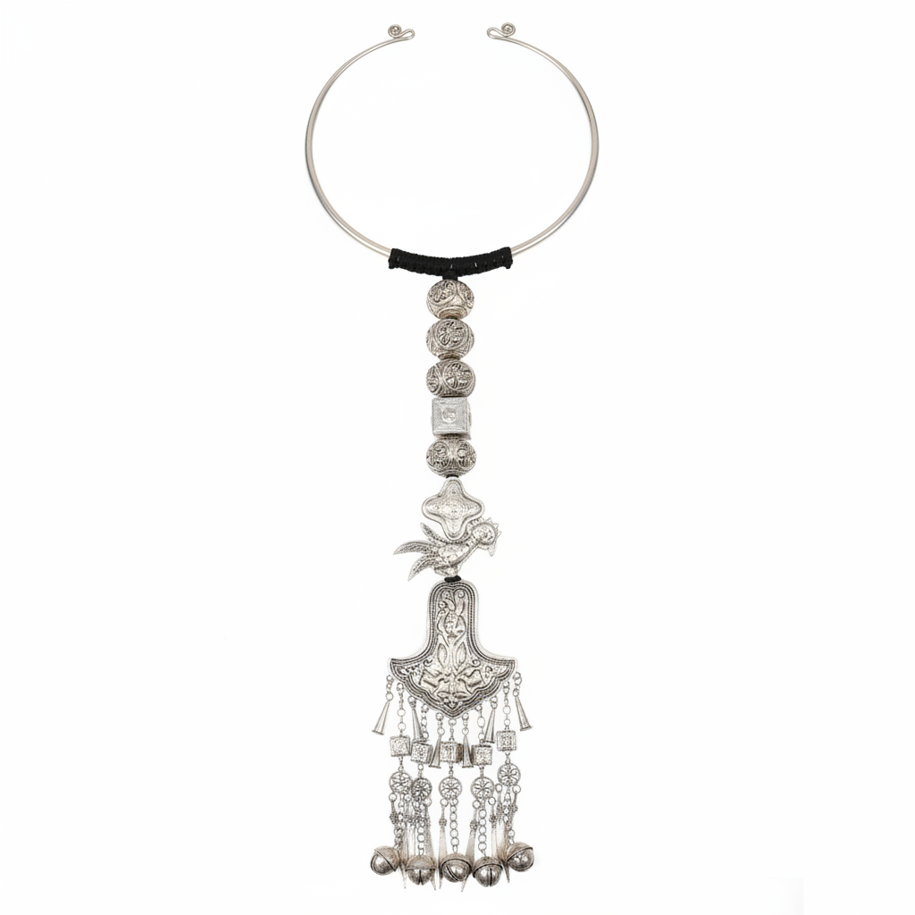 Miao Silver Phoenix Bird Bell Tassel Torque Necklace | Vintage Ethnic Statement N01