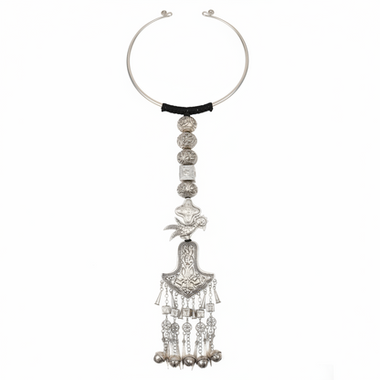 Miao Silver Phoenix Bird Bell Tassel Torque Necklace | Vintage Ethnic Statement N01