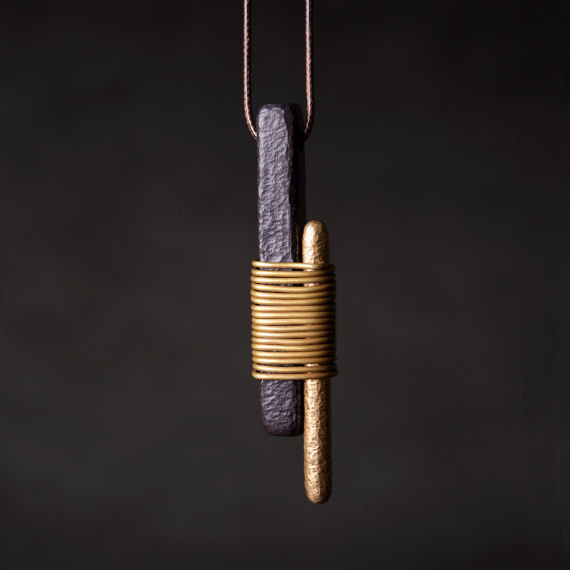 Vintage Ebony & Brass Wire Wrapped Pendant Necklace | NK01