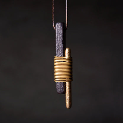 Vintage Ebony & Brass Wire Wrapped Pendant Necklace | NK01