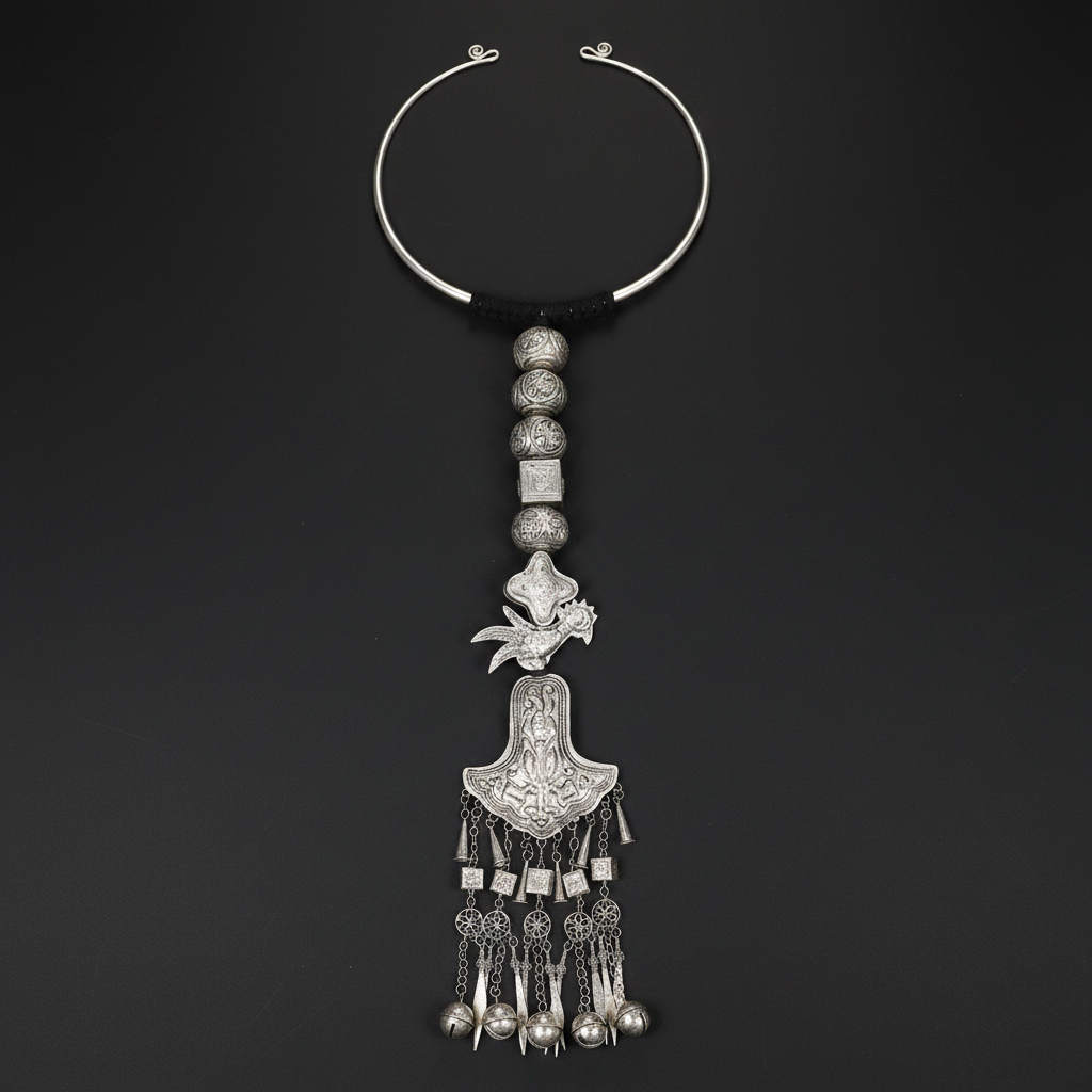 Miao Silver Phoenix Bird Bell Tassel Torque Necklace | Vintage Ethnic Statement N01