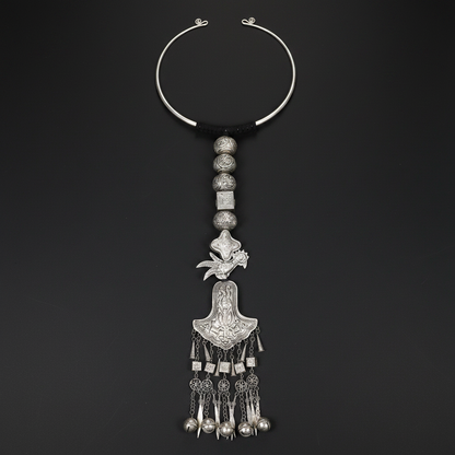 Miao Silver Phoenix Bird Bell Tassel Torque Necklace | Vintage Ethnic Statement N01