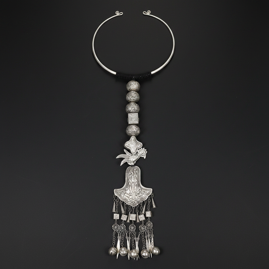 Miao Silver Phoenix Bird Bell Tassel Torque Necklace | Vintage Ethnic Statement N01