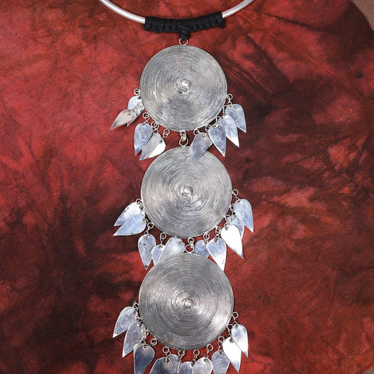 Miao Silver Triple Spiral Disc Leaf Tassel Torque Necklace | Vintage Ethnic Statement N02