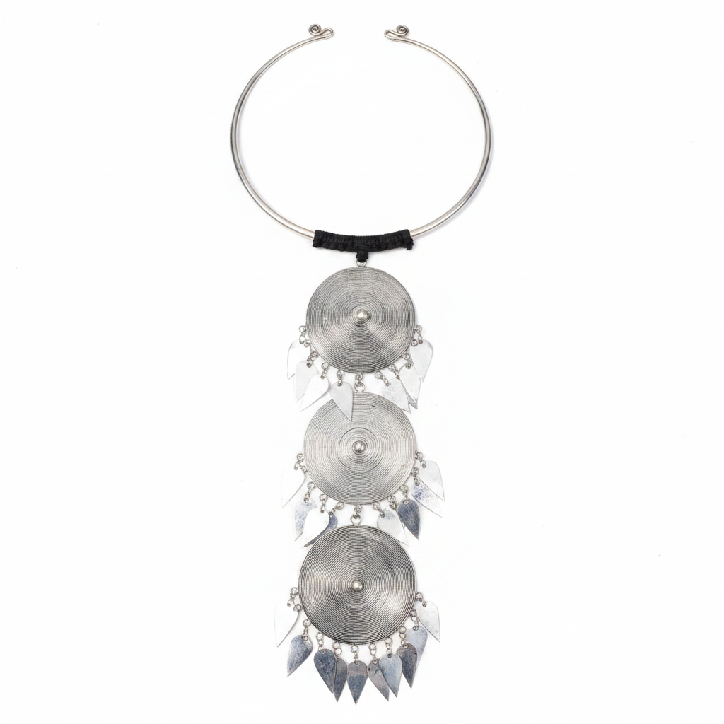 Miao Silver Triple Spiral Disc Leaf Tassel Torque Necklace | Vintage Ethnic Statement N02