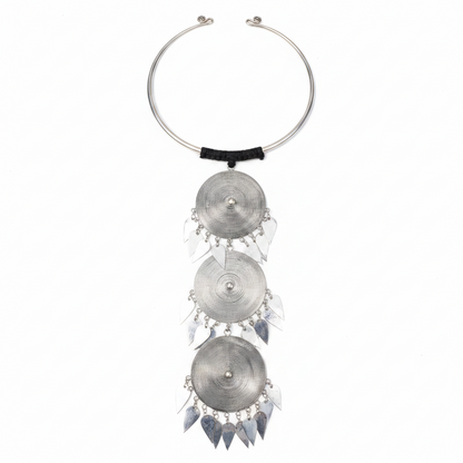 Miao Silver Triple Spiral Disc Leaf Tassel Torque Necklace | Vintage Ethnic Statement N02