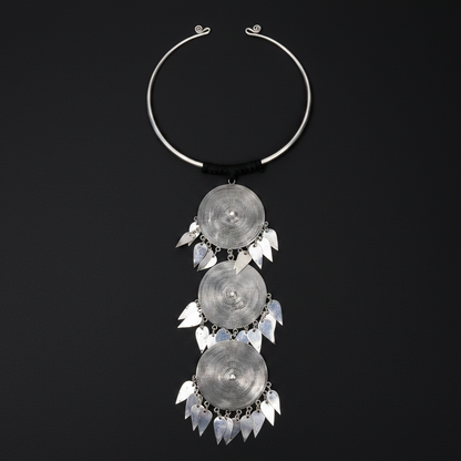 Miao Silver Triple Spiral Disc Leaf Tassel Torque Necklace | Vintage Ethnic Statement N02