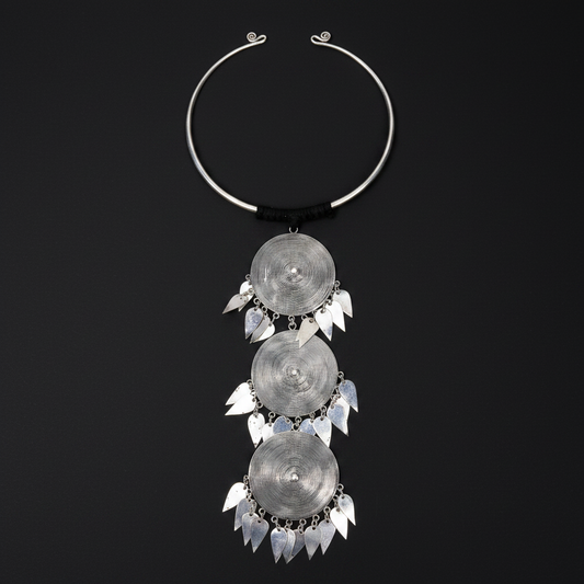Miao Silver Triple Spiral Disc Leaf Tassel Torque Necklace | Vintage Ethnic Statement N02