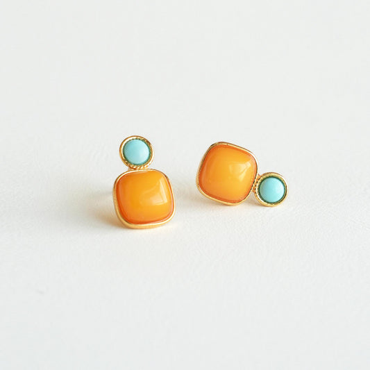 Amber & Turquoise Cushion Stud Earrings | Gold-Plated Silver Earrings ER12