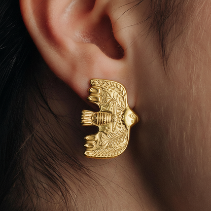Wondrous Soaring Bird Stud Earrings | Engraved Artisan Jewellery E02 Gold Earring