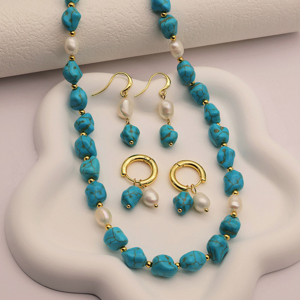 Organic Turquoise & Freshwater Pearl Jewelry Collection| iBrilliance Jewelry Set
