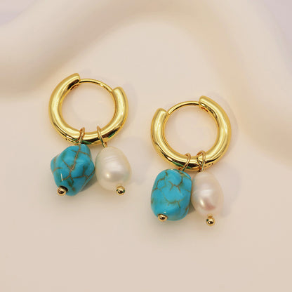 Organic Turquoise & Freshwater Pearl Jewelry Collection| iBrilliance Hoop Charm Earrings Jewelry Set
