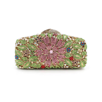 Hand fill in color crystal marigold pattern evening bags Green