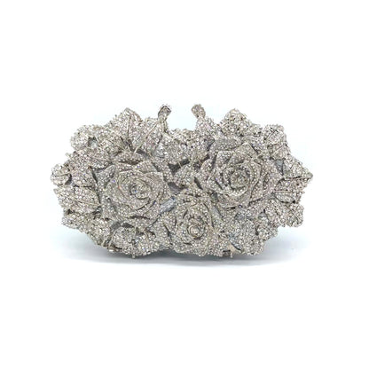 Hand fill in crystal 3D roses evening bags Silvery