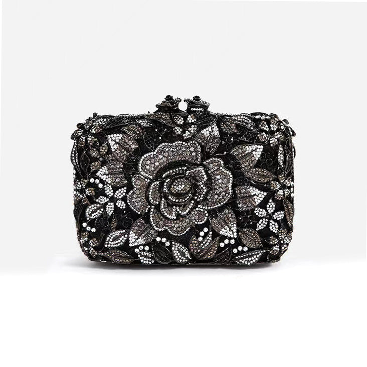 Hand fill in crystal blooming camellia evening bags Black