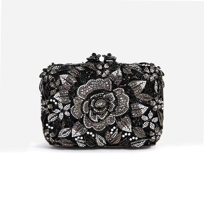 Hand fill in crystal blooming camellia evening bags Black