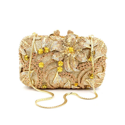 Hand fill in color crystal Lily pattern evening bags Gold